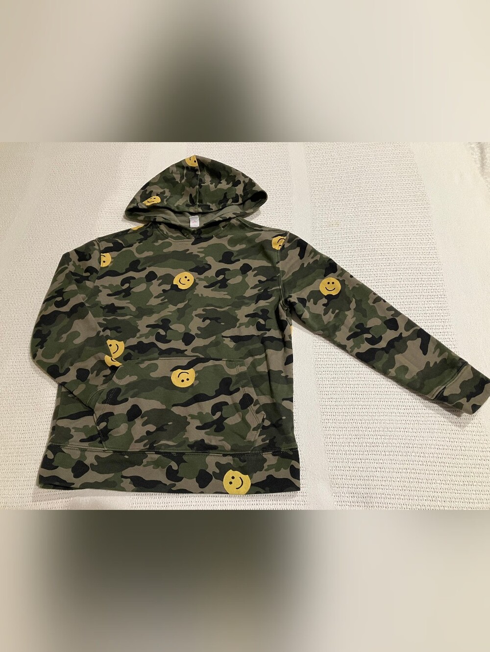 $3 If Bundled. Camouflage Hoodie with Yellow Smiley Accents